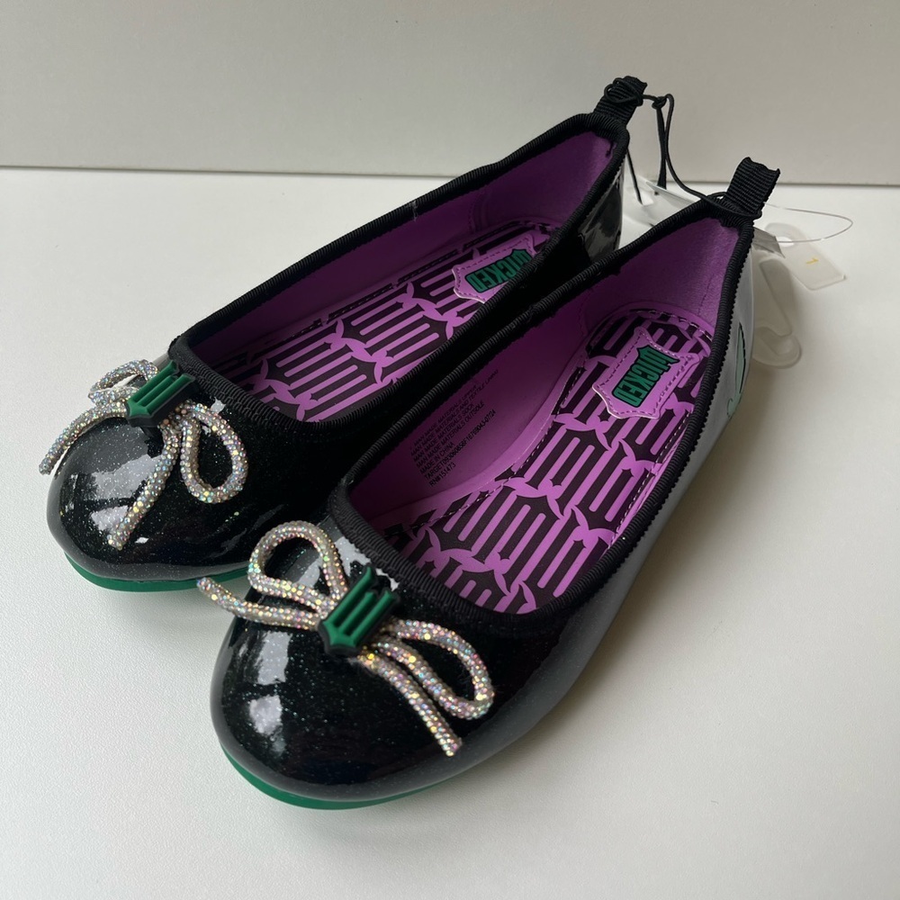 Wicked Black + Purple Ballet Flats Girls Size 9 with faux diamond bow +logo
